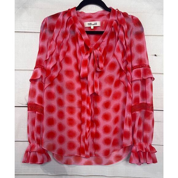 Diane Von Furstenberg Size 8 Pink Red Ruffles Blouse - Picture 1 of 5